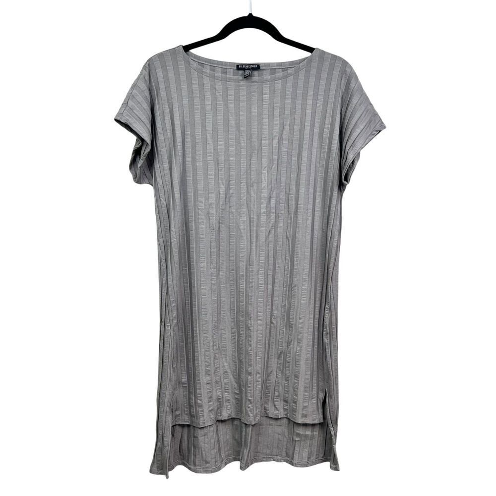 Eileen Fisher Women Shift Dress Striped Stretch Cap Sleeve Hi Low Hem Gray PM*